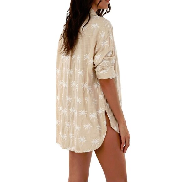 Malai Sand Palm Embroidered White Palm Trees Viscose Linen Cover up Shirt L - Picture 2 of 12